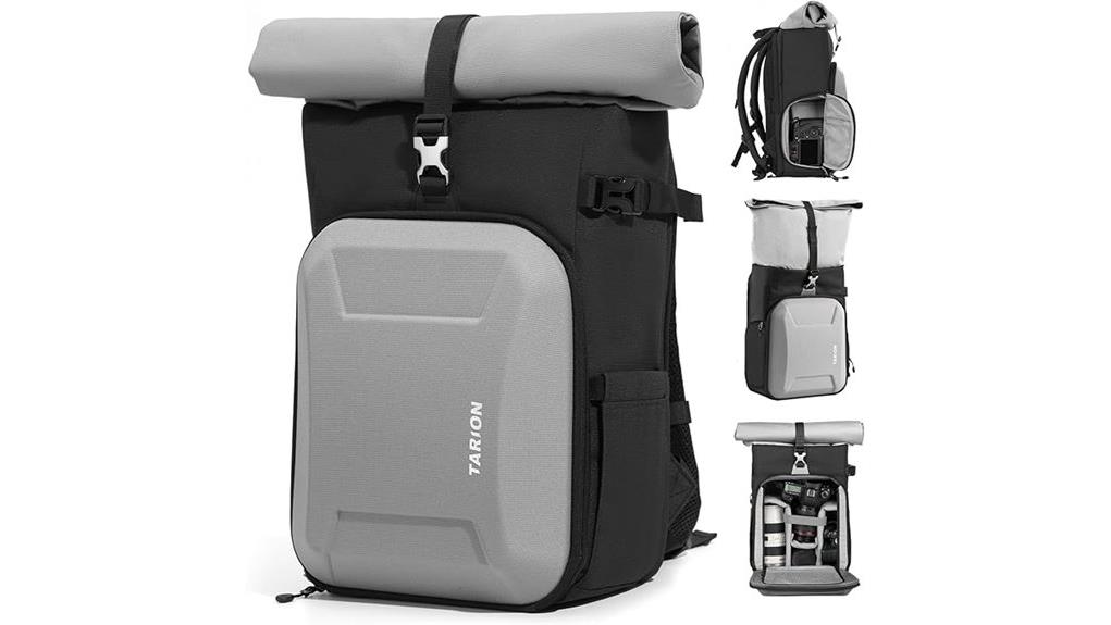 silver hardshell camera backpack