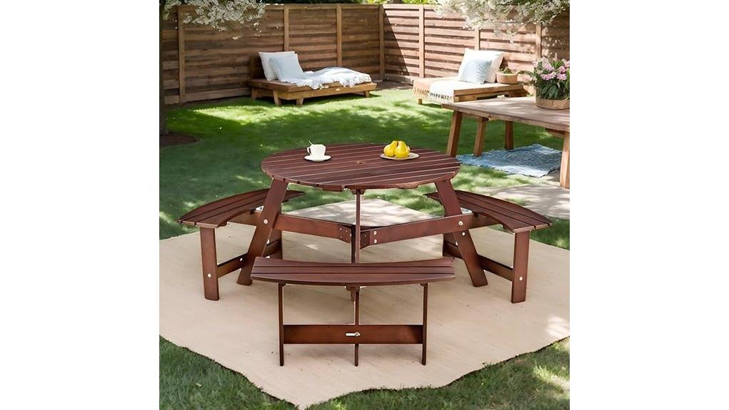 spacious wooden picnic table set