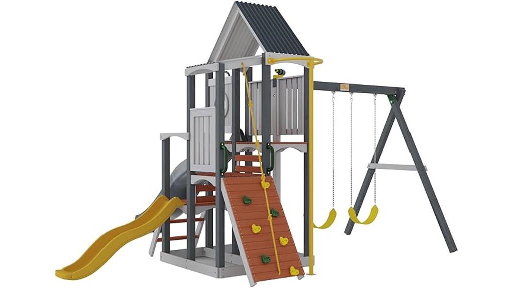 wooden backyard playset with swings