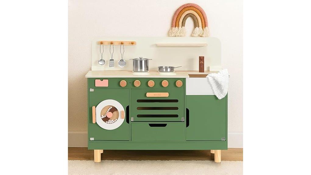 wooden play kitchen laundry center