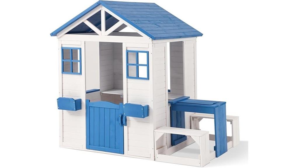 blue and white wooden playhouse