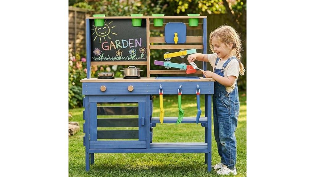 blue wooden outdoor mud kitchen
